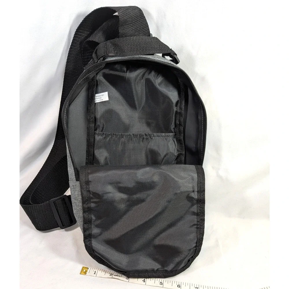 Gray Sling Bag; Adjustable Strap, Zip Pockets, Heathered Tech